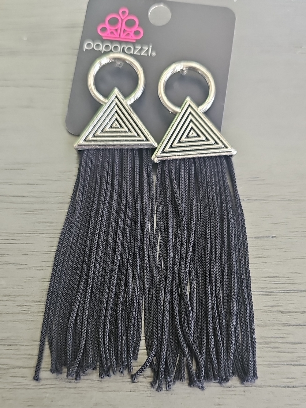 Paparazzi Silver Triangle Tassel Drop Earrings — Black